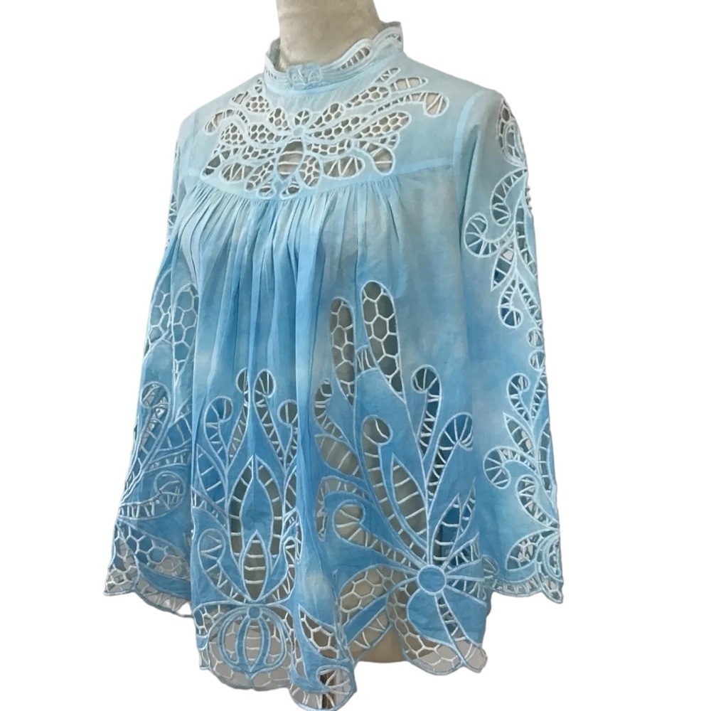 Anthropologie Harlyn Boho Embroidered Hollow Lace Tie Dye Blouse NEW - Picture 4 of 9